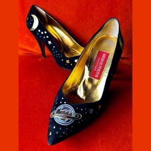 RARE 90s ANDREA PFISTER COUTURE CELESTIAL BLACK SUEDE SILVER/GOLD LAMÉ STILETTO